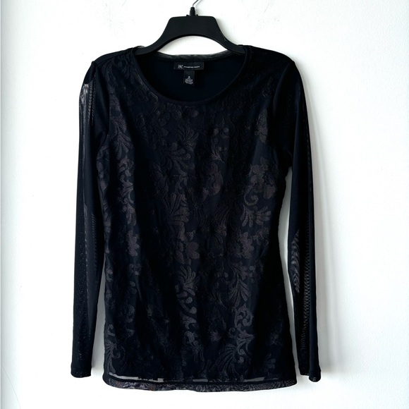 INC International Concepts Tops - VTG INC Top Black Nylon Lace Burnout Long Sheer Sleeve Womens M Whimsigoth Y2K